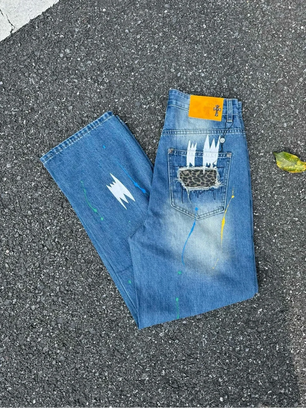 Chrome Hearts Blue Distressed Straight Jeans with Paint Accents